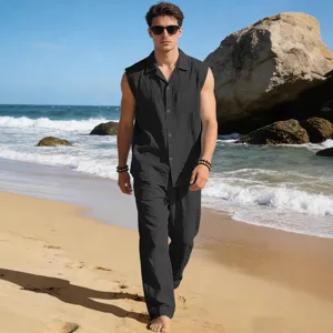 Men's summer sleeveless linen shirt and pants casual two-piece beach outfit set