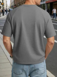 Men's grey waffle knit short sleeve t-shirt, casual raglan sleeve tee for spring and summer.
