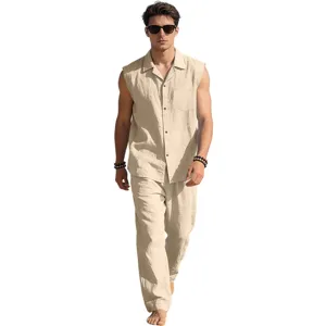 Men's summer linen sleeveless shirt and casual long pants set, comfortable beach wear outfit.
