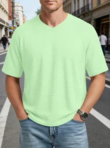 Men light green waffle knit v-neck short sleeve t-shirt casual summer fashion top.