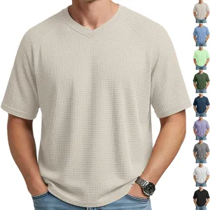 Men's Casual Textured Waffle Knit Raglan Sleeve V-Neck Short Sleeve T-Shirt Summer Basic Pullover Top