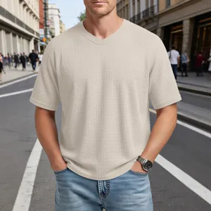 Men's waffle knit short sleeve V-neck t-shirt casual summer raglan tee beige top