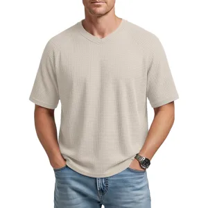 Men's waffle knit V-neck short sleeve t-shirt casual solid color raglan top summer basic.