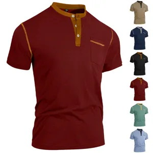 Detail view of men short sleeve colorblock henley shirt with chest pocket and contrast trim.