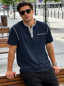 Men short sleeve Henley t-shirt casual contrast color summer top breathable apparel