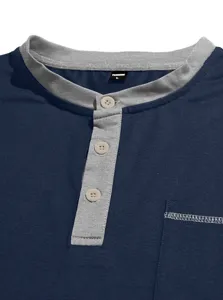 Men short sleeve contrast color henley shirt detail view with buttons and chest pocket