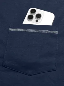 Men's casual short sleeve solid color t-shirt pocket detail close-up, premium fabric.