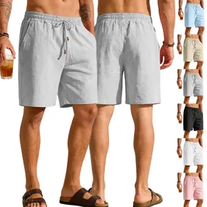 Men's Casual Cotton Linen Shorts Solid Color Loose Fit Beach Summer Shorts Drawstring Elastic Waist Pockets Sport Shorts