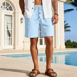 Men's solid color linen casual shorts for summer beach wear with elastic waist