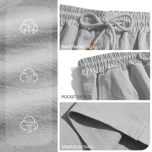 Men's casual solid color cotton linen shorts with elastic drawstring waist and pockets.