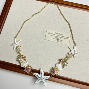 Hawaiian style starfish seashell pearl alloy necklace, charming beach resort clavicle jewelry.