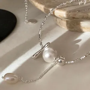 Franse vintage zilveren kraal en parel kwast ketting, elegante sleutelbeen ketting voor dames.