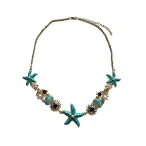 Ocean starfish seashell pearl pendant necklace blue gold tone statement jewelry detail view