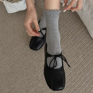Grey modal cotton frilly mid-calf socks for women, soft Japanese style cute hosiery.