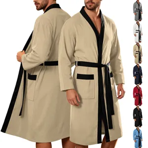 Heren Casual Polyester Contrastkraag Bademantel Eenvoudige Loungewear Lange Mouwen Nachtkleding Met Dubbele Zakken Knoopceintuur