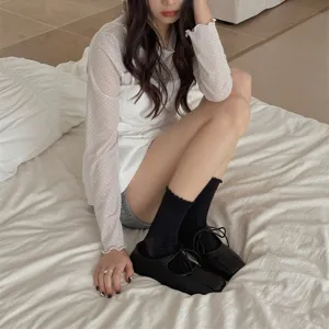 Japanese style solid color ruffle mid-tube socks women, soft breathable cotton daily wear.