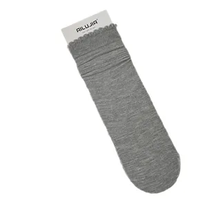 Women solid grey mid-tube modal socks with cute ruffle lace trim. Spring summer daily wear.