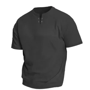 T-shirt homme maille gaufrée à lacets manches courtes décontracté ample haut été.