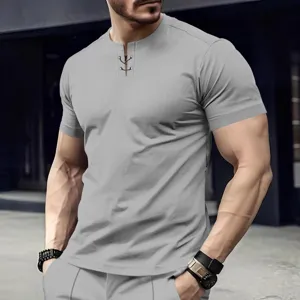 T-shirt homme uni en tricot gaufré manches courtes haut casual style avec lacet col