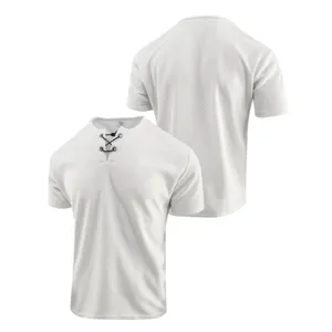T-shirt homme blanc uni en maille gaufree manches courtes col V lace decontracte top.