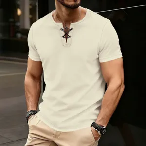 T-shirt homme manches courtes en tricot gaufré avec col lacé haut d'été décontracté