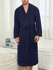 Heren donkerblauwe wafelbreisel badjas lange nachtkleding loungewear met riem en zakken voor thuis ontspanning
