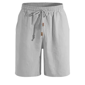 Men's casual solid color cotton linen shorts loose fit beach summer sports trousers.