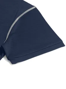 Close up of dark blue men short sleeve polo shirt sleeve with stylish silver piping detail.