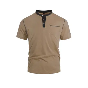 Men's short sleeve Henley shirt casual colorblock summer top with chest pocket and buttons.