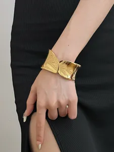 Gold wide open cuff bracelet, glossy metal geometric bangle for women fashion summer style.