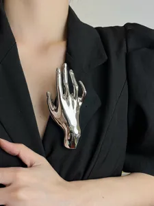 Grosse silberne Metall Hand Brosche Statement surrealistische Anstecknadel Stil