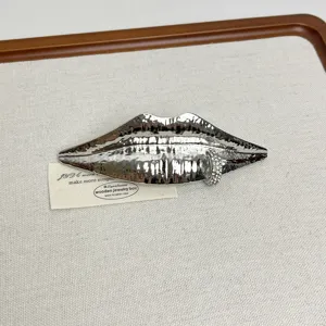 Detailansicht einer stilvollen glänzenden Metall Lippen Brosche mit Strass für Anzüge Schals.