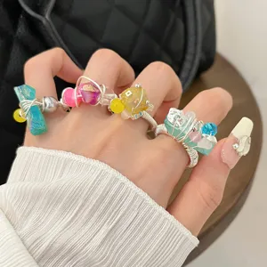 Handmade Beaded Natural Stone Wire Wrapped Ring Summer Fashion Statement Jewelry