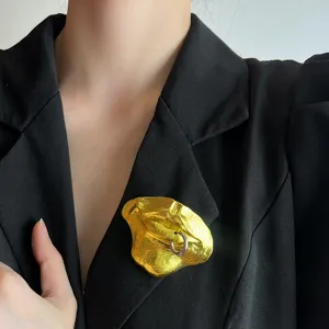 Gold abstract lips brooch with piercing ring retro metal pin stylish statement jewelry accessory