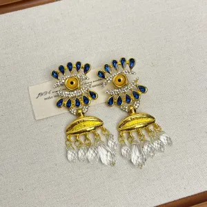 Vintage Or Mauvais Oeil Boucles D Oreilles Bleu Cristal Strass Femme Bijoux Mode Luxe
