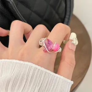 Handmade Wire Wrapped Crystal Ring Natural Stone Pink Ring Fashion Jewelry For Women