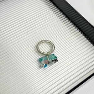 Handmade wire wrapped natural stone ring with colorful crystal beads, unique summer finger jewelry.