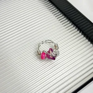 Handmade wire-wrapped natural stone ring, colorful crystal gemstone adjustable ring for women.