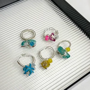Handmade beaded natural stone rings, colorful raw crystal wrapped rings for women summer.