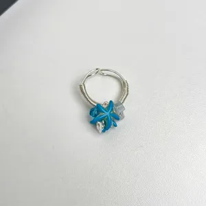 Handmade wire wrapped blue starfish ring open adjustable boho statement finger jewelry