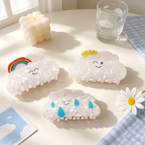 8cm cartoon cloud hair claws with rainbow and sun designs in pearlescent white