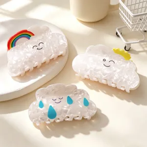 8cm cartoon cloud hair claws with rainbow and sun patterns in pearlescent finish