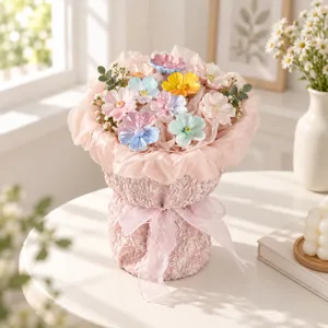 Handgemaakt keramisch bloemenboeket cadeau in elegante roze kantverpakking voor decor