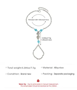 Detailed specs of silver chain finger ring bracelet with blue beads