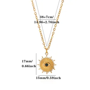 18k gold plated evil eye sun pendant necklace with size measurement details