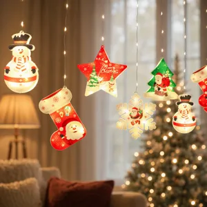 Guirnalda De Luces LED De Navidad Blanco Cálido USB Batería Cortina De Ventana Luz De Icicle Con Colgantes De Muñeco De Nieve