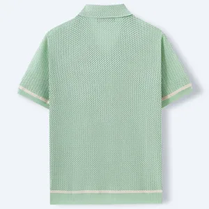 Back view of men's mint green knitted polo shirt with breathable mesh texture