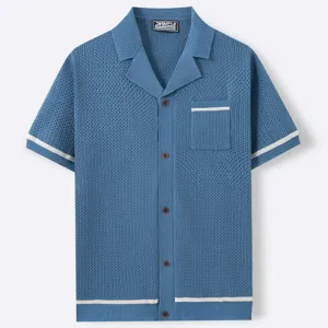 Detail of blue men's Cuban collar knit shirt with breathable hollow-out texture