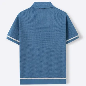 Back view of a breathable blue hollow-out knit polo shirt with stylish white stripes