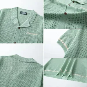 Detail view of men's Cuban collar knit polo shirt featuring a breathable hollow texture